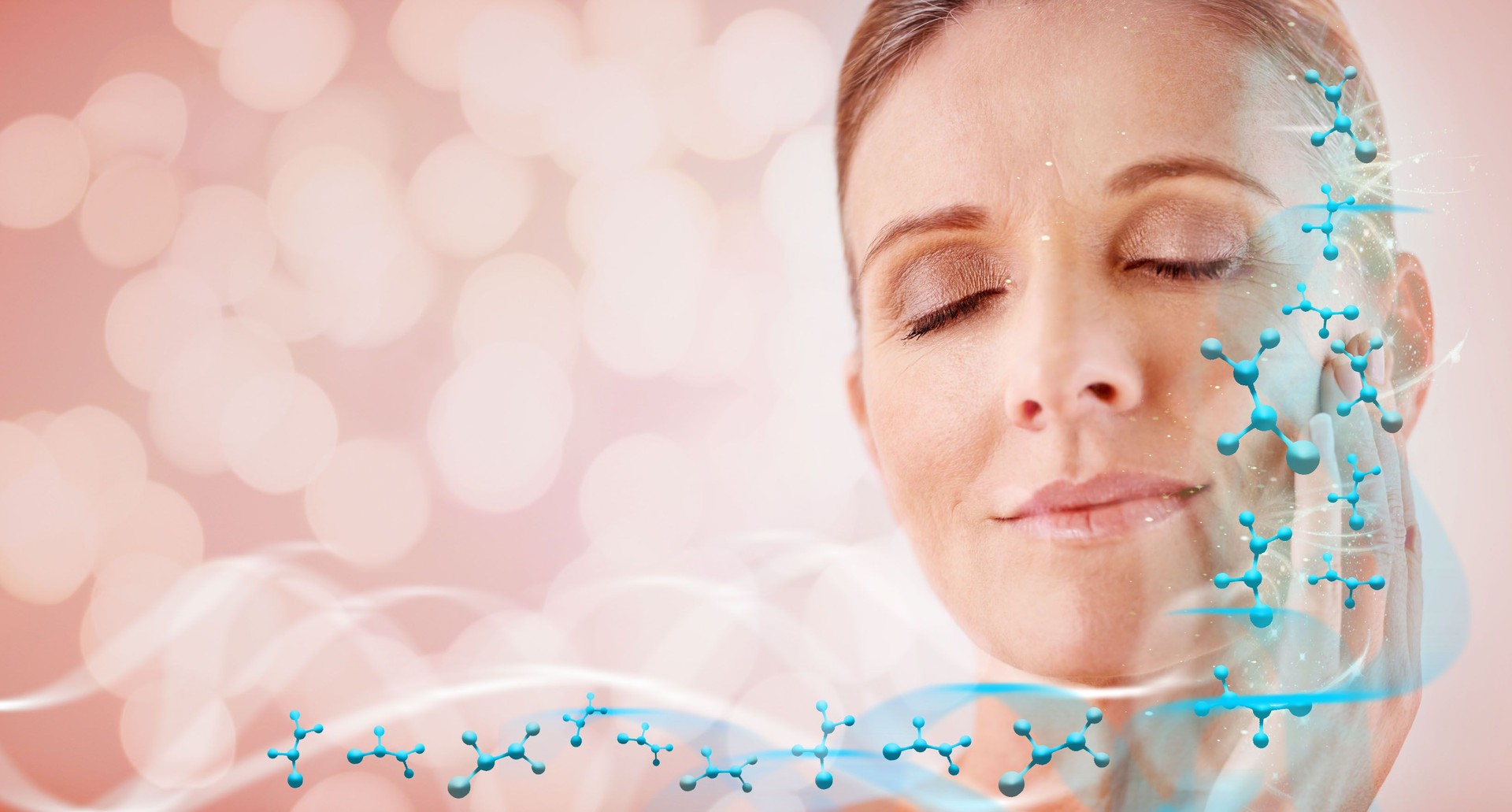 Skin science, cosmetics genetics overlay and mature woman with scientific graphic. Model, dermatology and studio background with skincare innovation and mockup for beauty and anti aging makeup