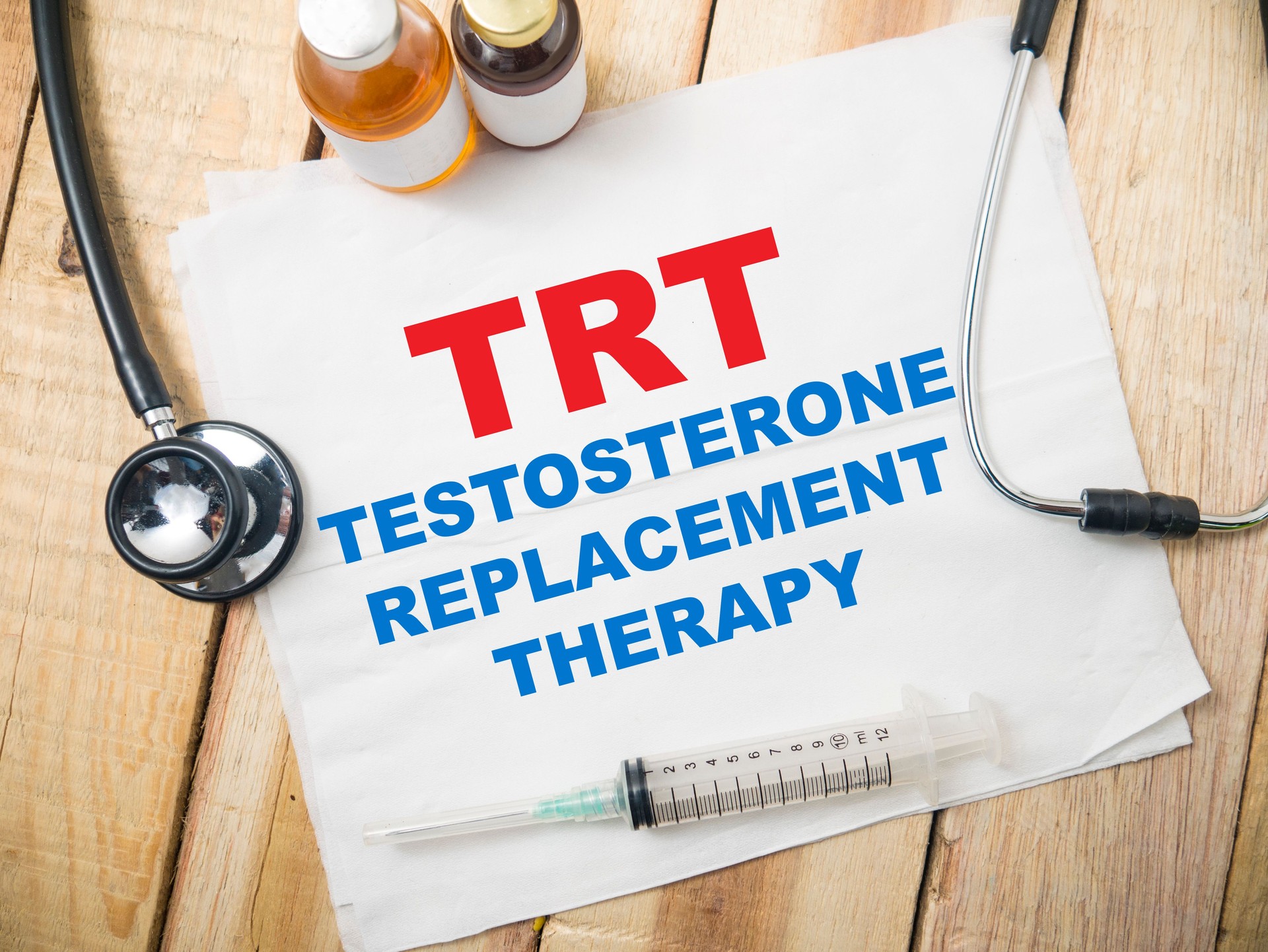 TRT Testosterone replacement therapy, text words typography written on paper, health and medical